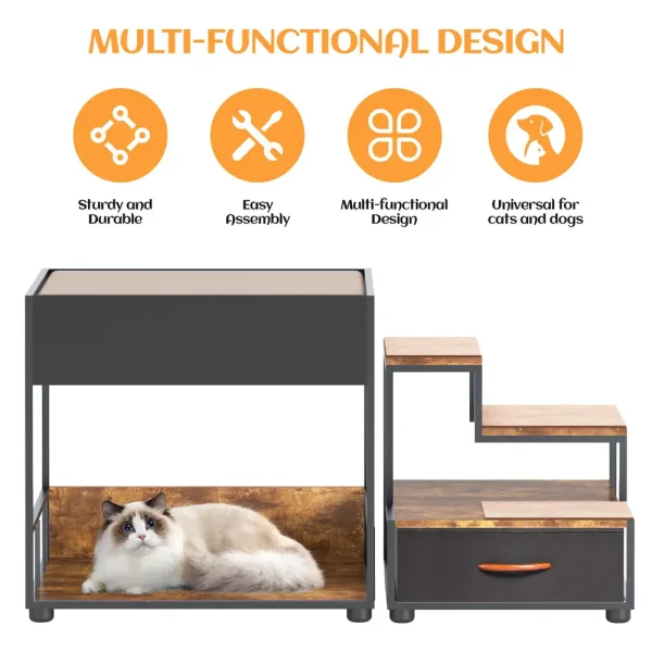 A cat rests in the lower cubby of the stepped pet platform, with side access and a pull-out drawer