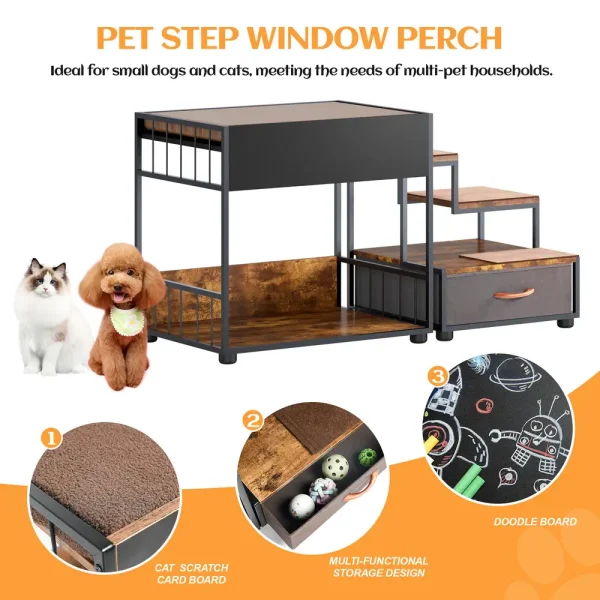 Step platform with a scratch pad, toy drawer, and chalkboard panel, shown with a cat and a small dog nearby