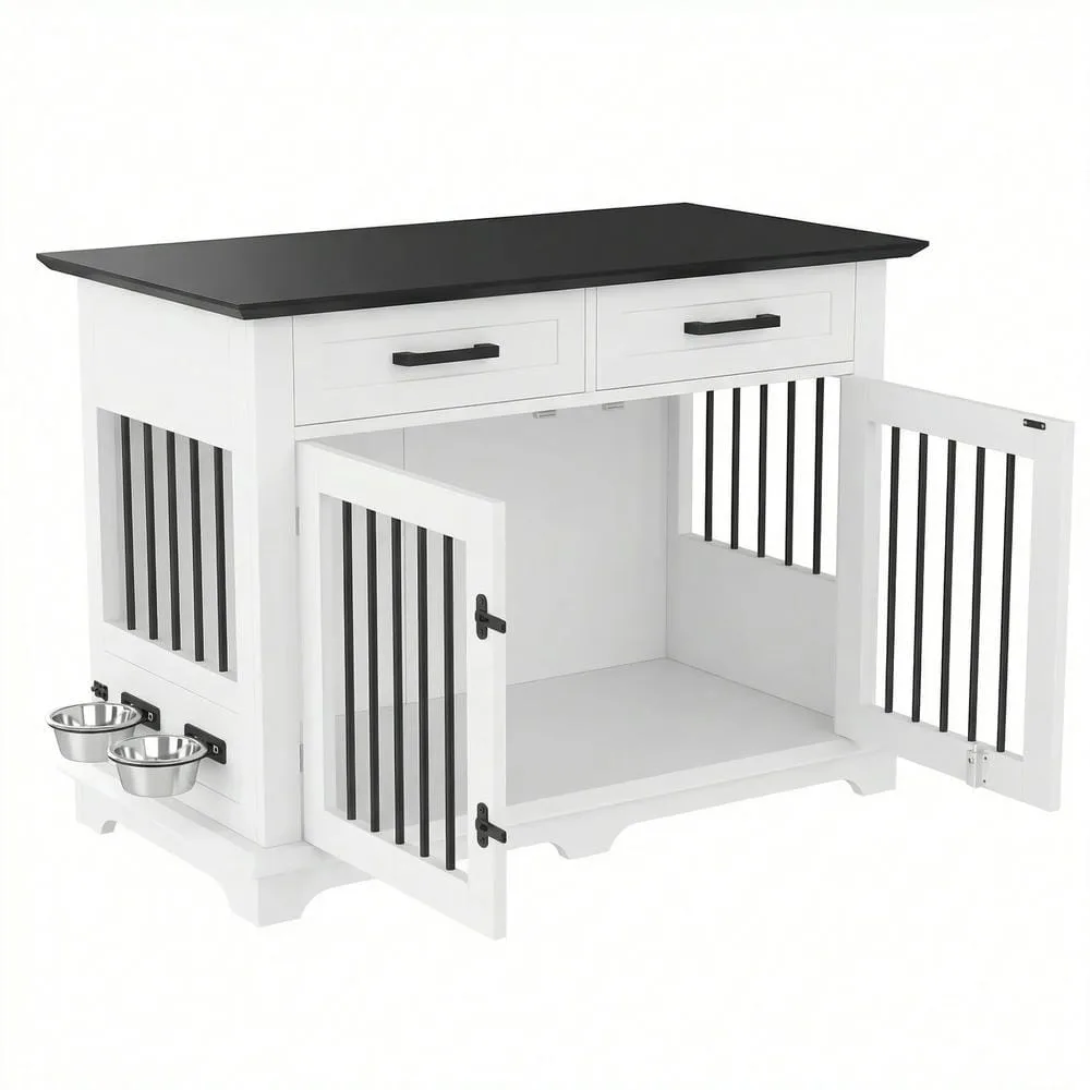 Dog crate end table with feeding bowls, a plush cushion resting on the crate floor