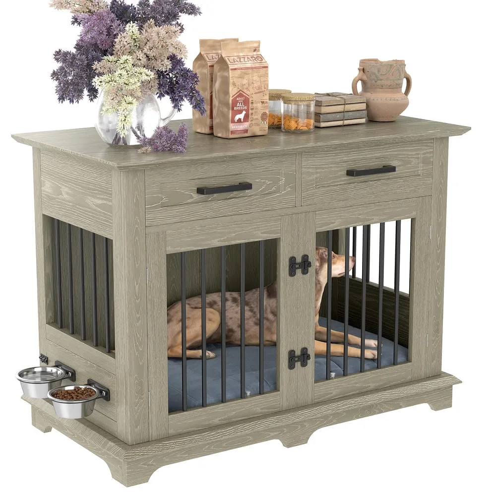 Farmhouse-style dog crate furniture with open drawer, a dog lying in the enclosure
