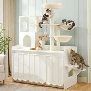 Cat tree litter box enclosure with a hammock and a hidden pan, shown in a bright room