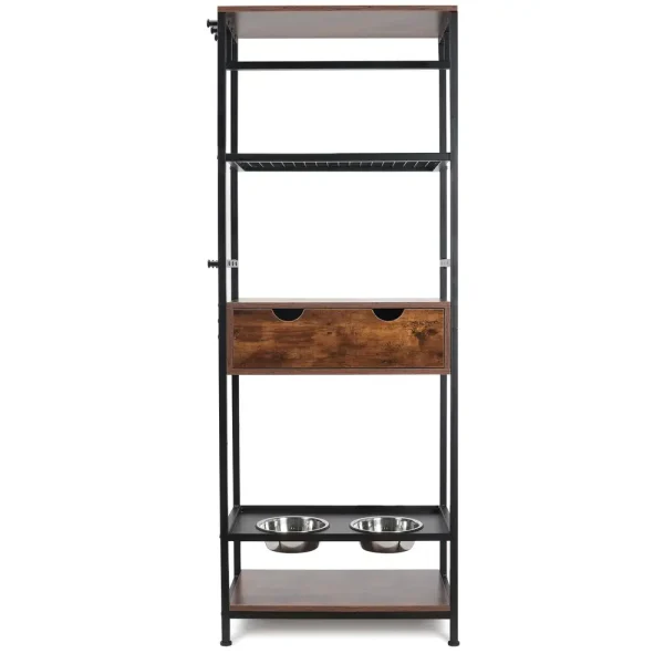Tall dog feeding station with storage shelves, drawer, and two raised stainless steel bowls