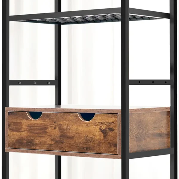 Pull-out drawer and wire shelf detail on the dog feeding station for organized pet supply storage