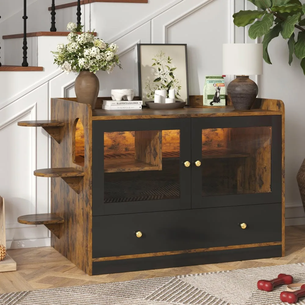 Cat litter box enclosure with a slide-out drawer, open to show the litter area