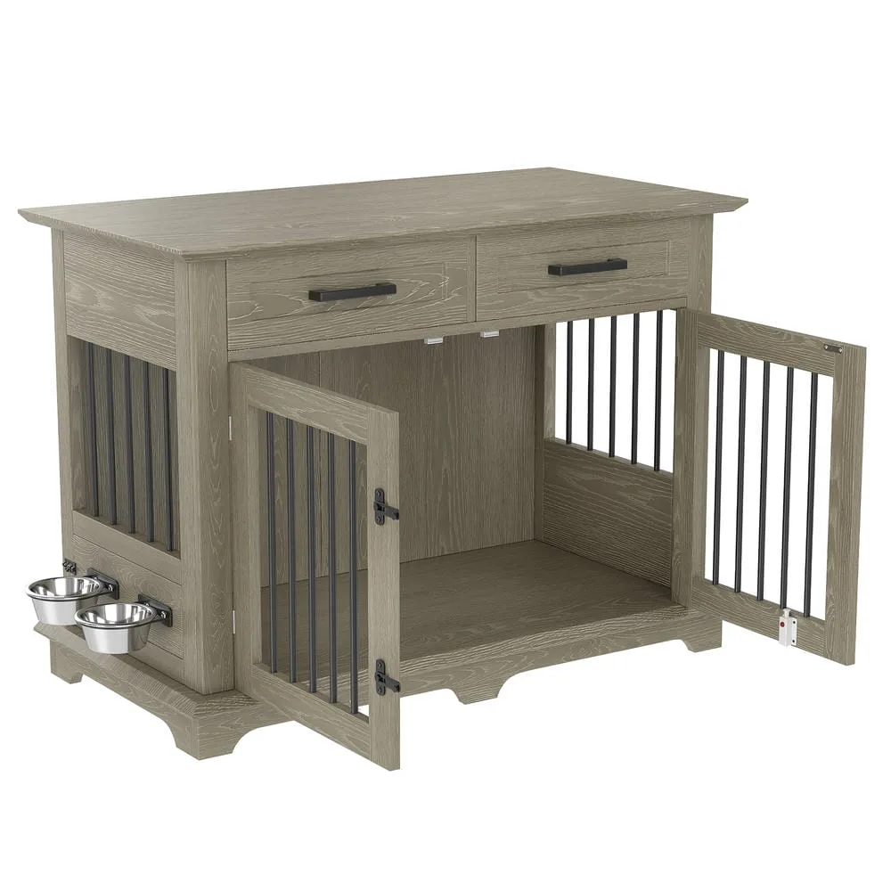Wood-finish dog crate furniture with a pull-out drawer and a water bowl on top