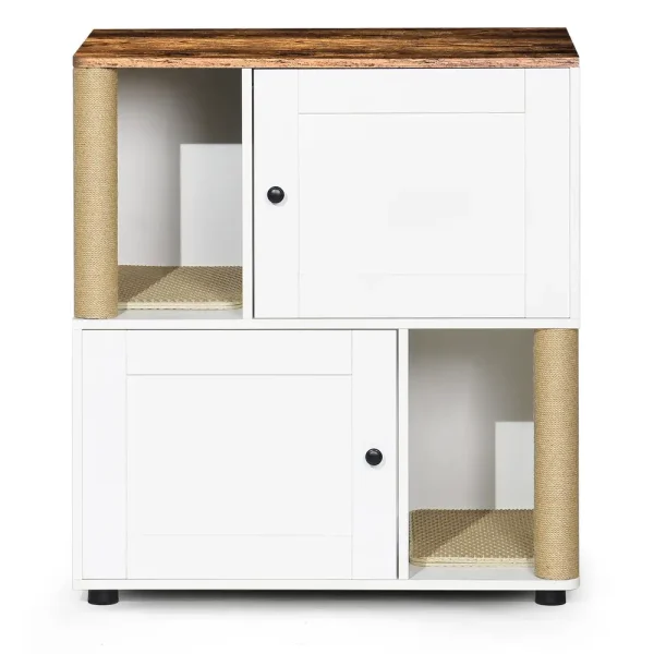 Front view of the white vintage enclosure with two open levels and sisal posts