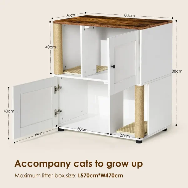 Dimensions diagram of the double cat litter box enclosure with both doors open and measurements marked