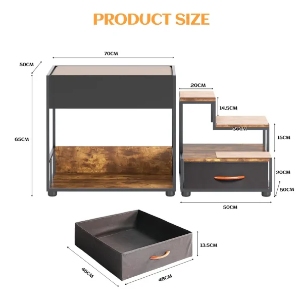 Dimensions diagram shows the 70 cm width, 65 cm height, and drawer size of the step platform