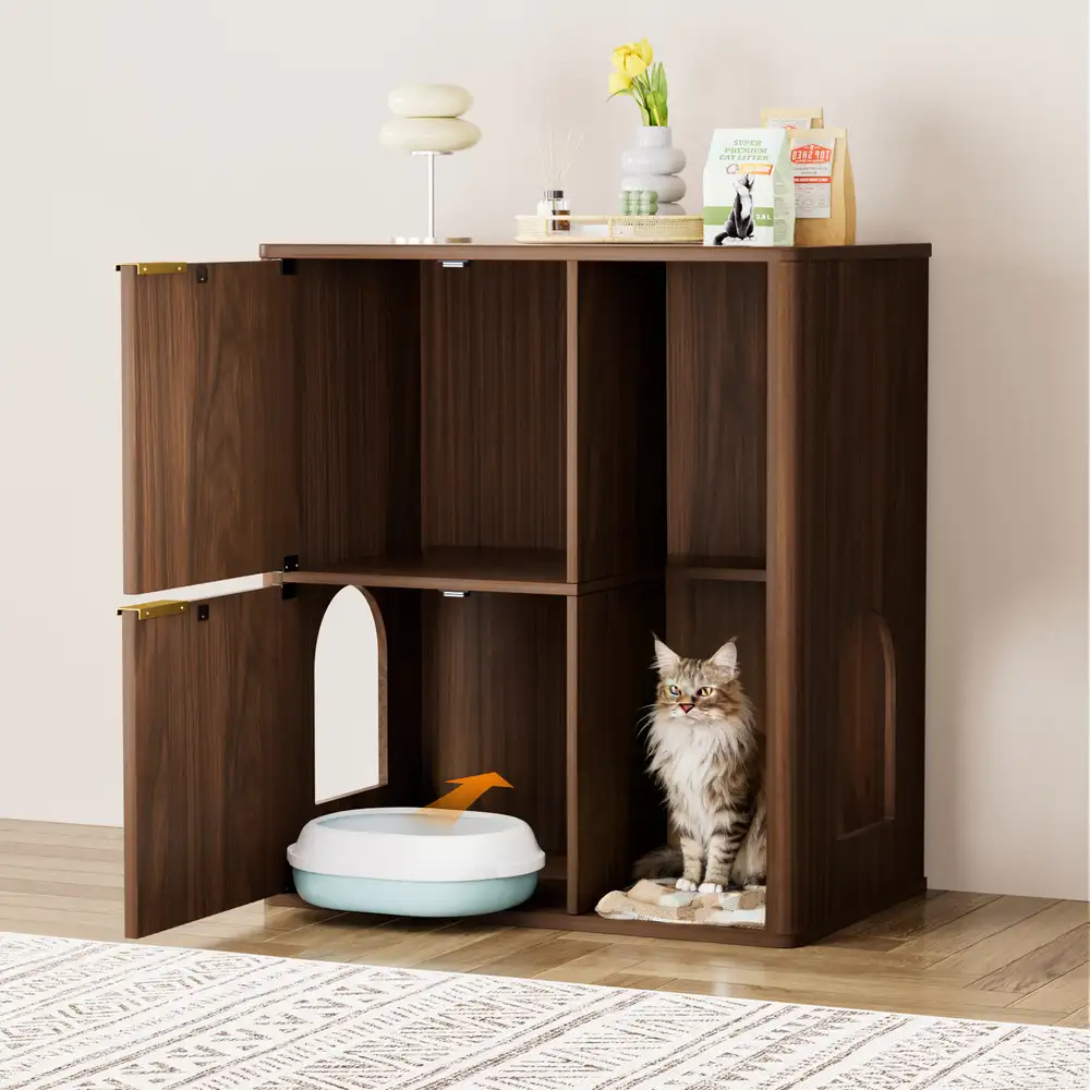 Walnut cat litter box cabinet with doors open, litter pan placement shown with arrow