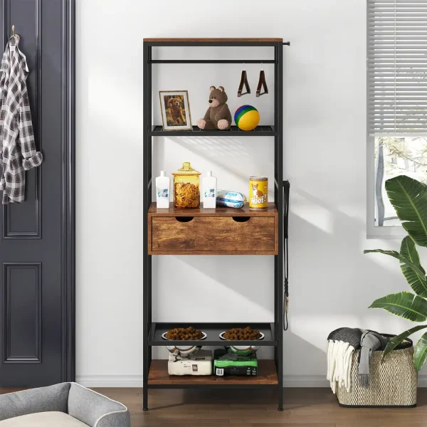 Dog feeding station with storage shelves, hooks, and raised bowls placed in a modern home entryway