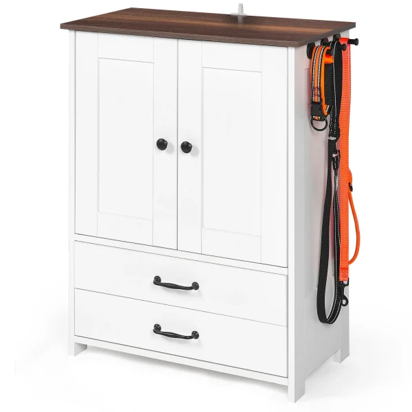 side hooks holding leashes on the brown and white feeder cabinet