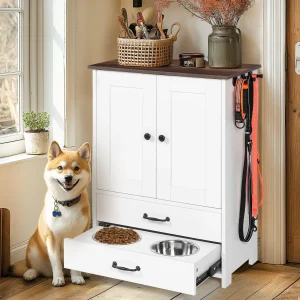 adjustable dog feeder with a shiba inu eating from the drawer bowls