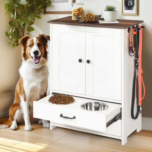adjustable dog feeder in a farmhouse entry with a dog waiting