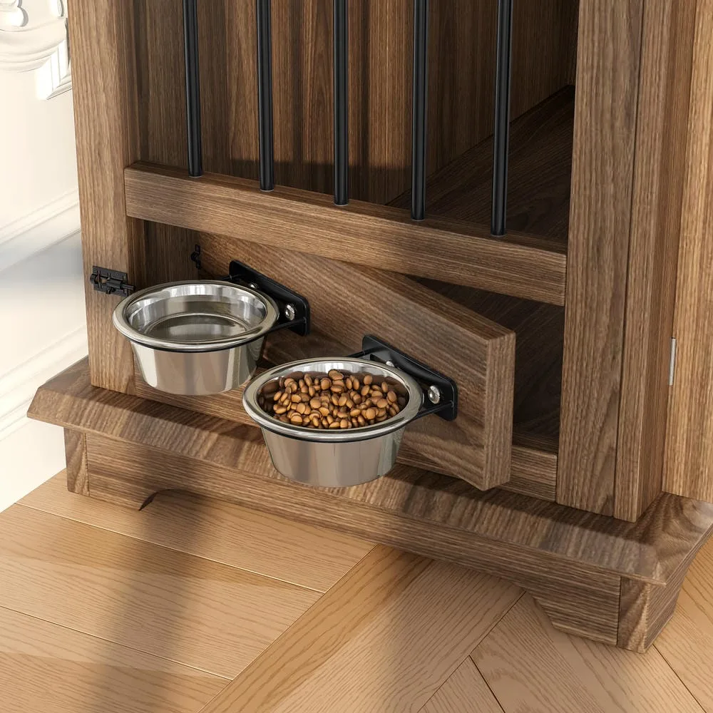 Large dog crate furniture with storage drawers and a feeding station in a cozy room