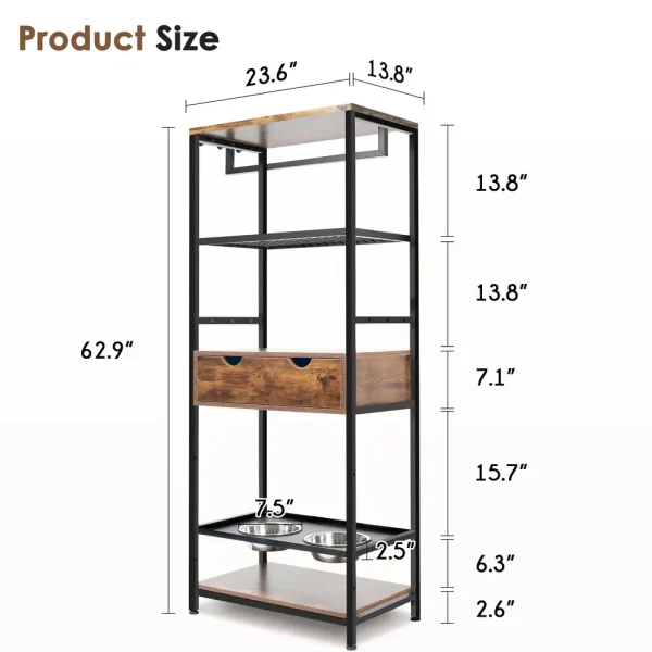 Dimensions diagram of the dog feeding station showing 23.6 width, 13.8 depth, and 62.9 inch height