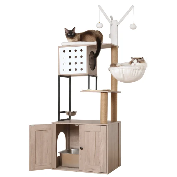 Cat condo litter box cabinet open with two cats relaxing inside