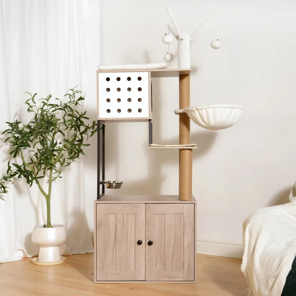 White and gray cat tree in a living room with a couch and a plant
