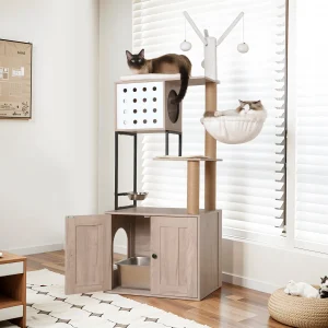 Cat condo with a hidden litter box enclosure in white and gray
