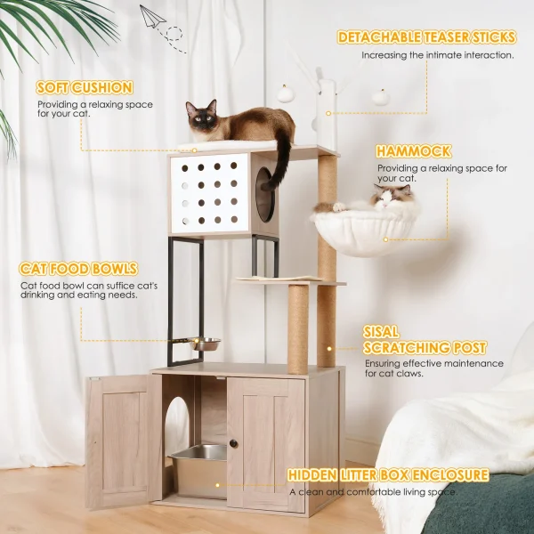 Cat condo litter box with sisal posts, pompom toys, and a hammock