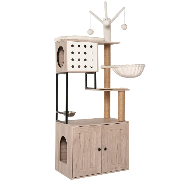 Cat condo litter box in a white and light gray wood-grain finish