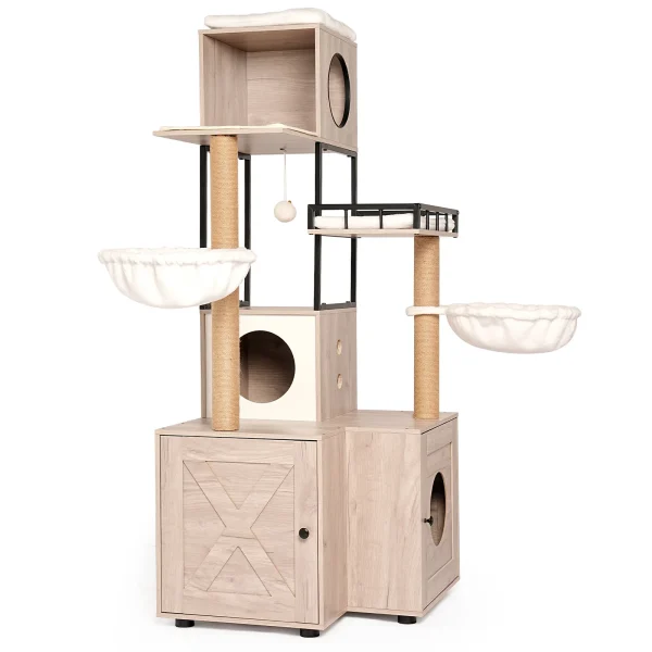 cat litter tower in white and gray, full view