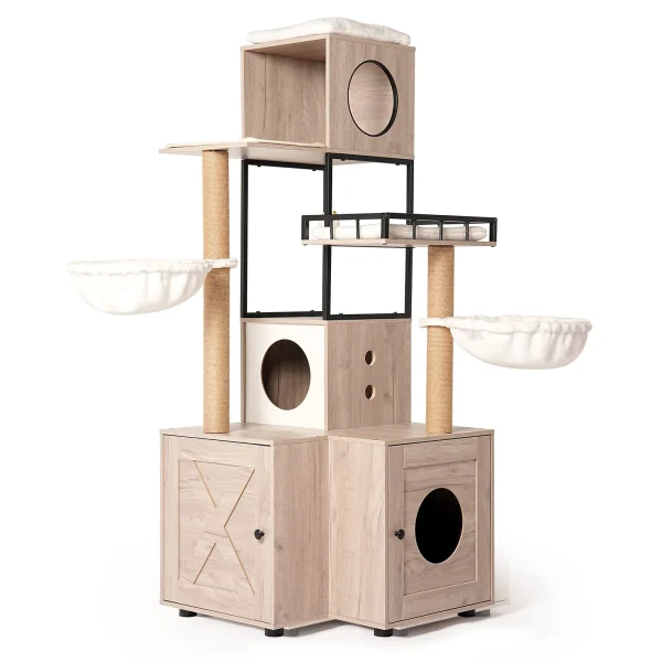 cat litter tower in a living room with a cat on the hammock