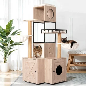 cat litter tower with two cats climbing the platforms in a bright room