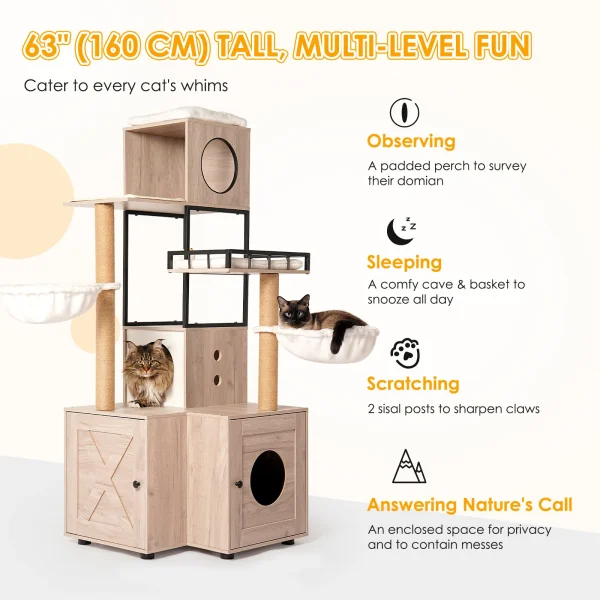 cat litter tower feature graphic covering perching, sleeping, and scratching spots