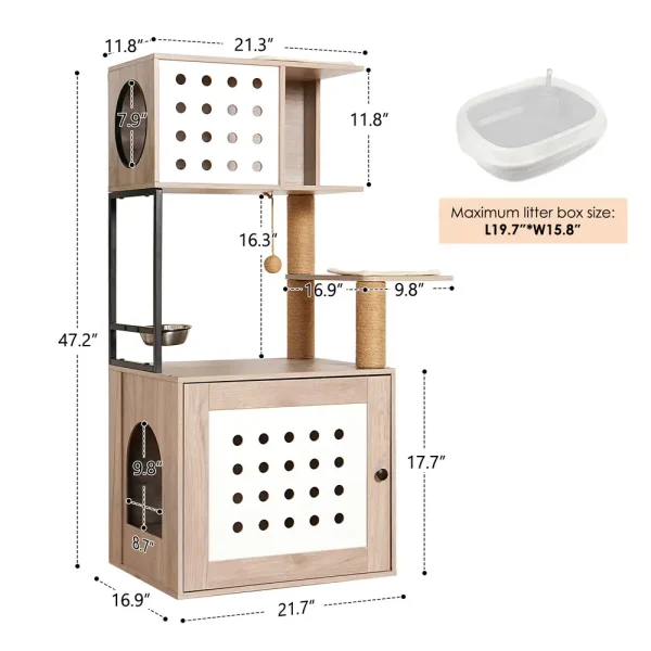 Cat tower litter box size chart listing 47.2 in overall height and a 19.7 by 15.8 in pan space