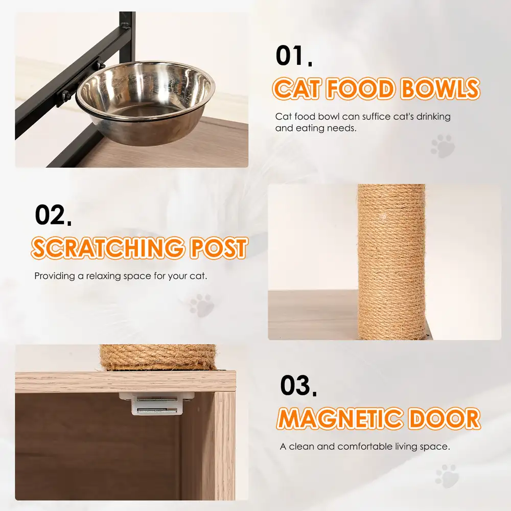 Cat tower litter box features: the stainless steel bowl, the sisal post, and the magnetic cabinet door