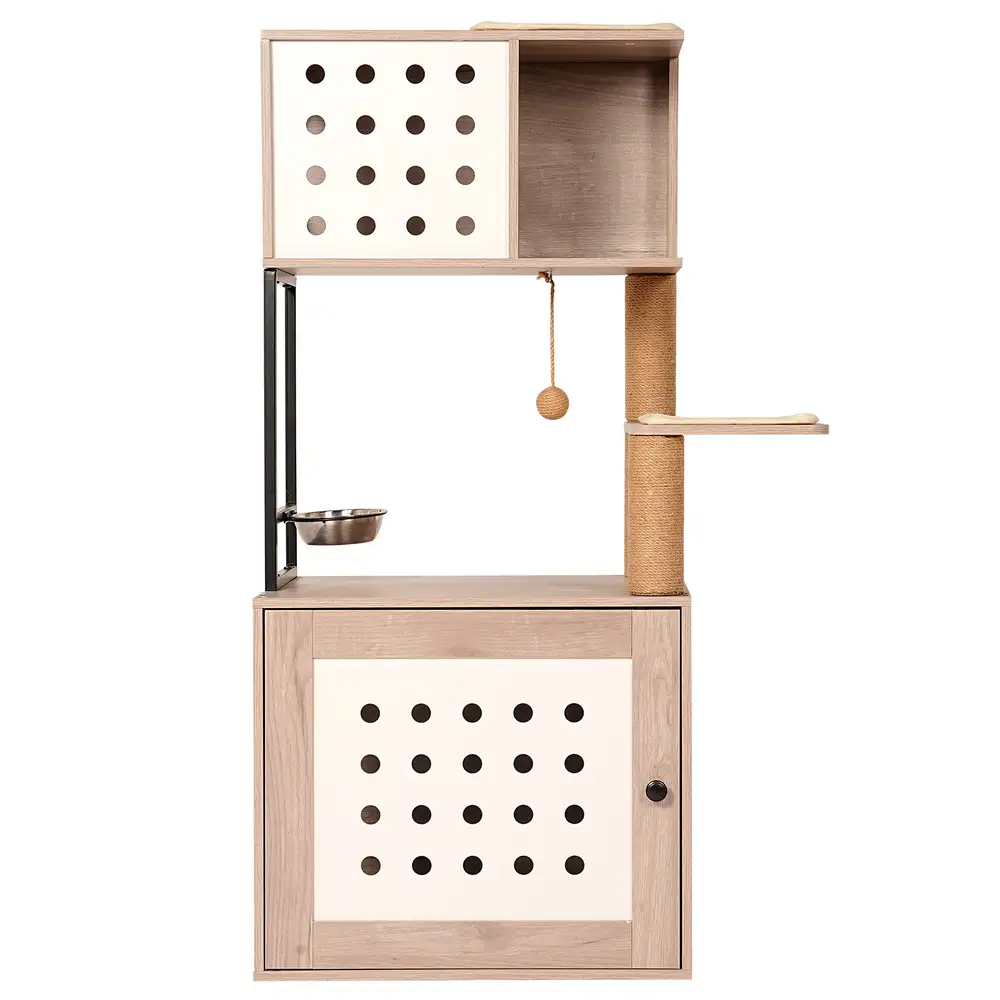 Cat tower litter box in natural wood and white, front two-tone view