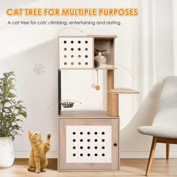 Cat tower litter box shown in the natural wood and white two-tone finish