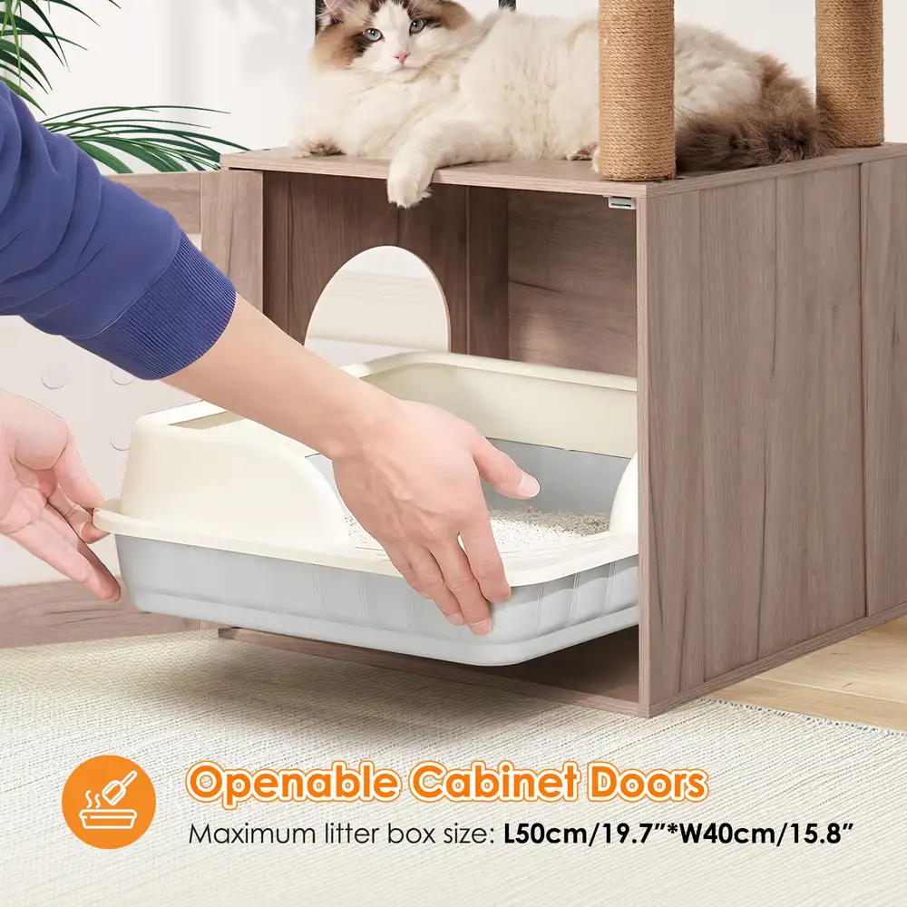 Cat tower litter box with the lower cabinet doors open to show the pan space