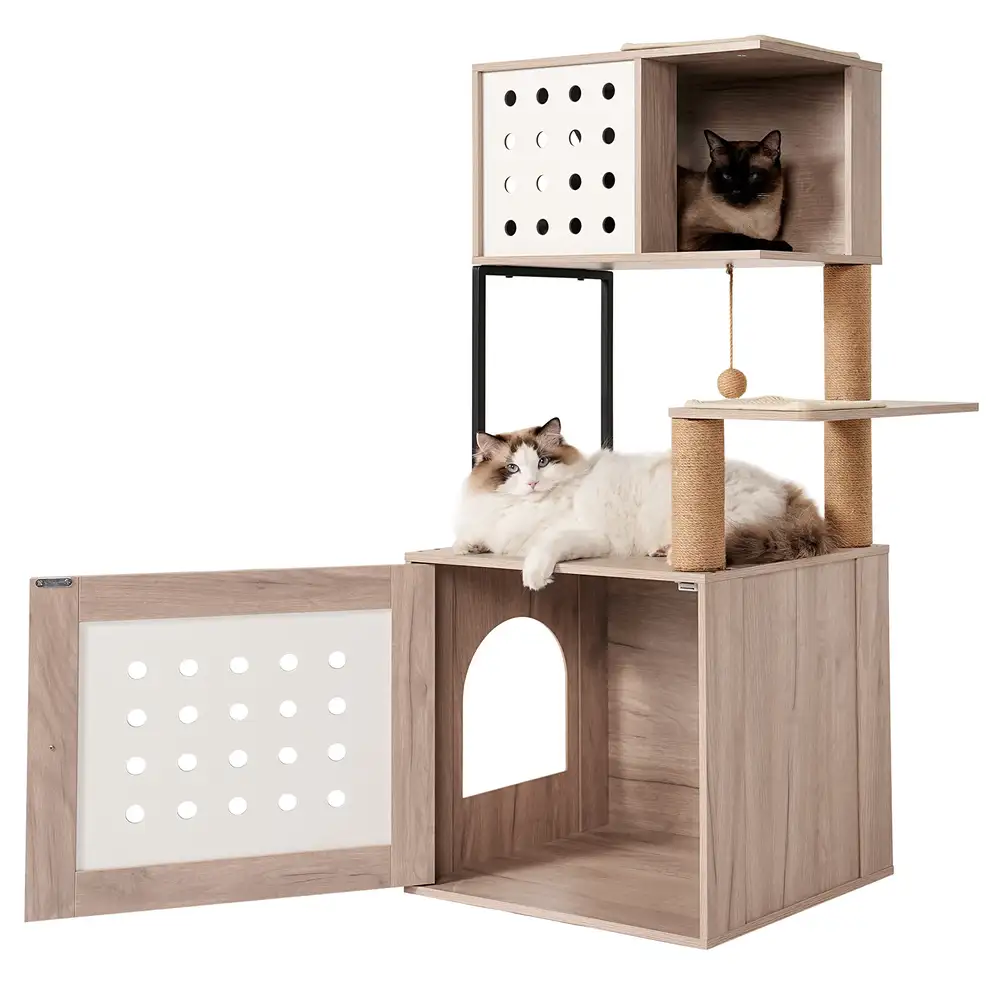 Cat tower litter box with sisal posts and the cabinet door open