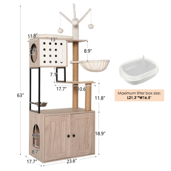 Cat tree dimensions in inches: 23.6 L x 17.7 W x 65.4 H
