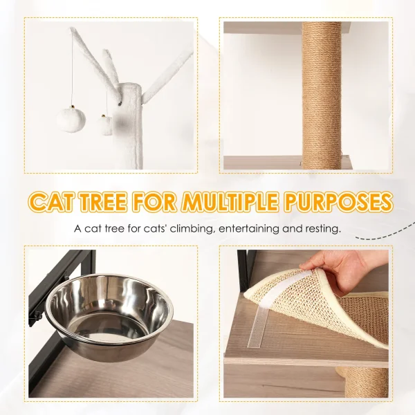 Cat tree features: pompom toys, a scratching post, a feeding bowl, and a floor mat