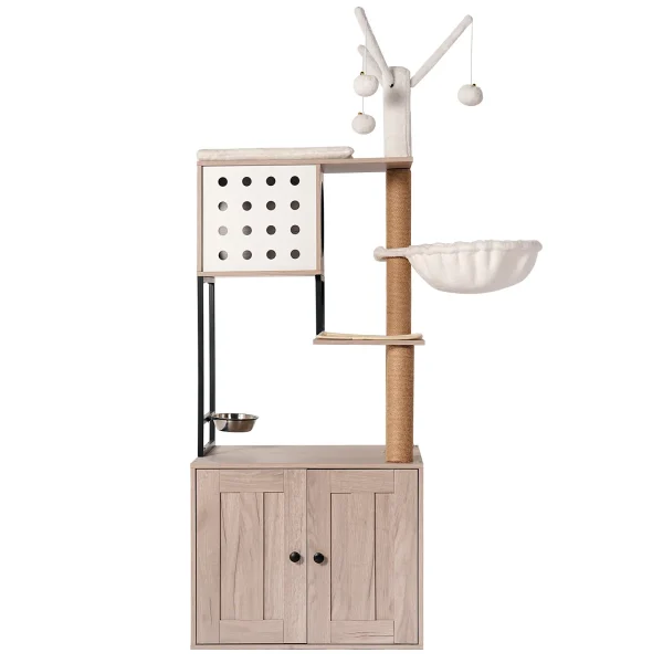 Full view of the cat tree showing sisal scratching posts and perches