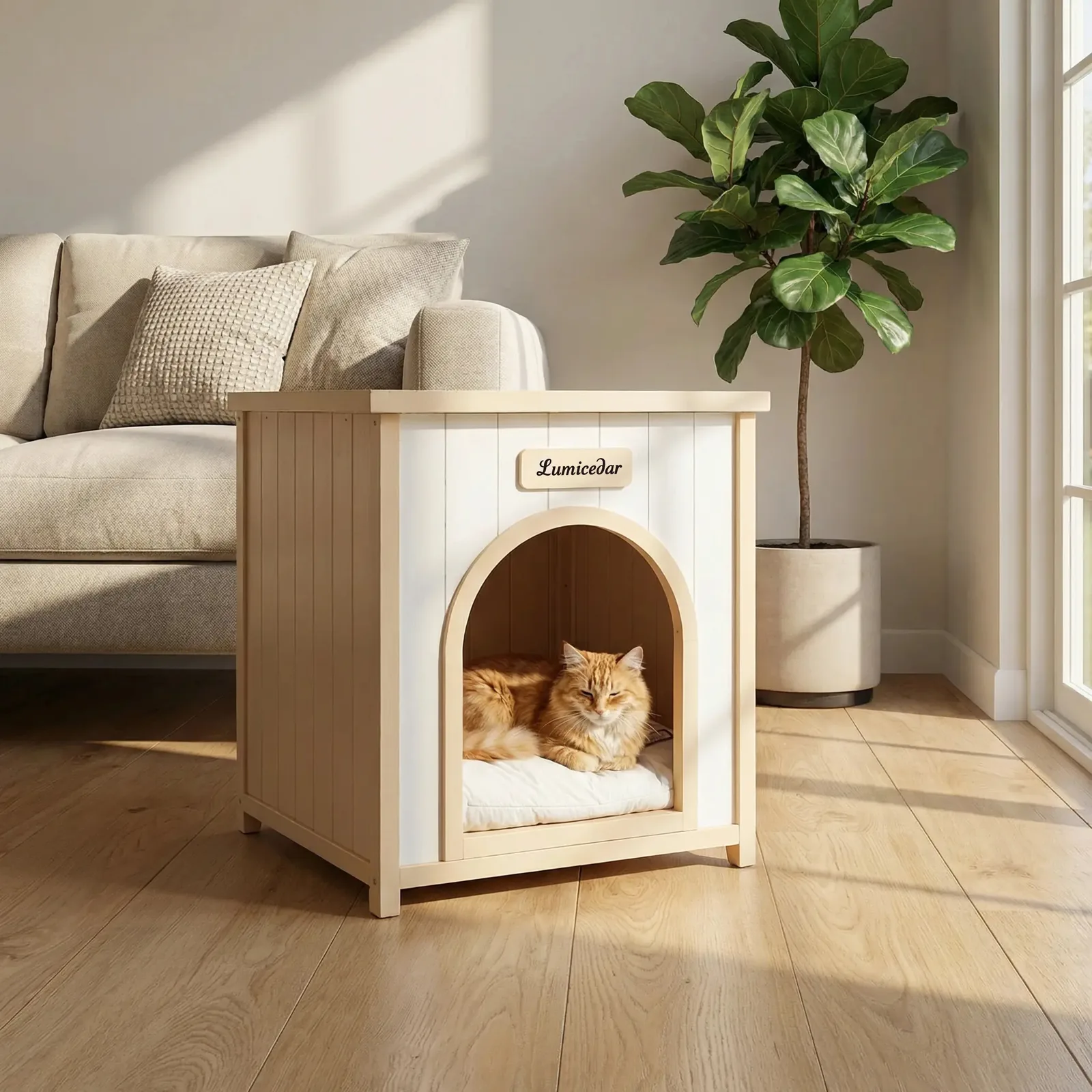 cat peeking out of the enclosed house in a sunny room