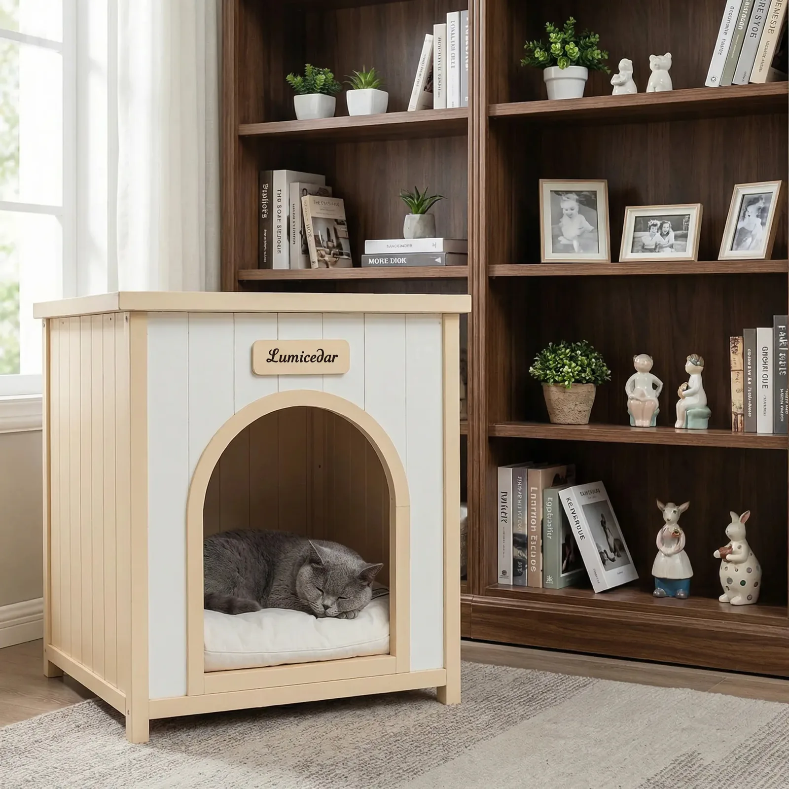 cedar pet house with washable cushion inside
