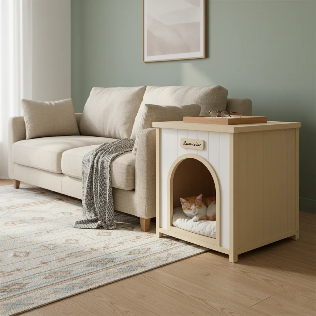 cream house doubling as a side table beside a sofa