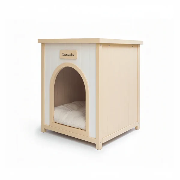 cedar pet house in cream and light yellow, full view