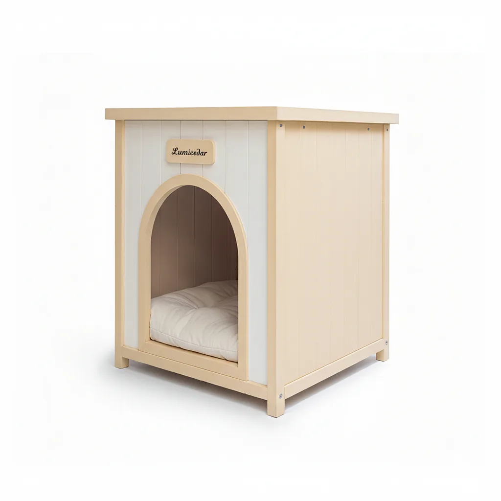 cedar pet house in cream and light yellow, full view
