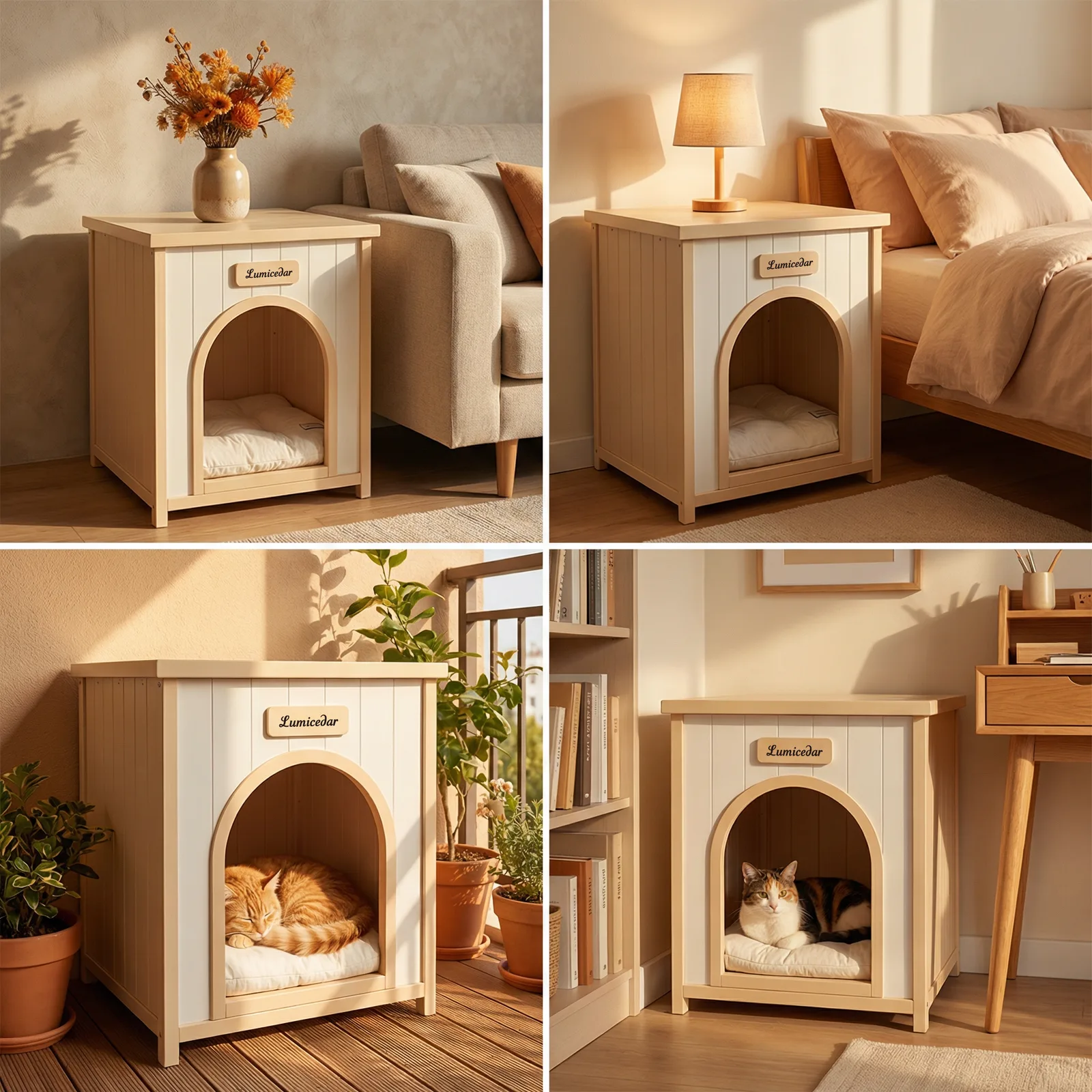 wooden pet house styled in four rooms of a home