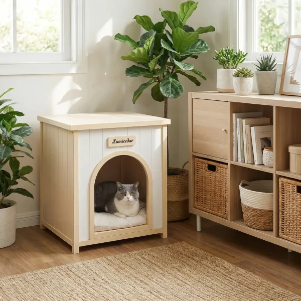 cedar pet house in cream and light yellow finish