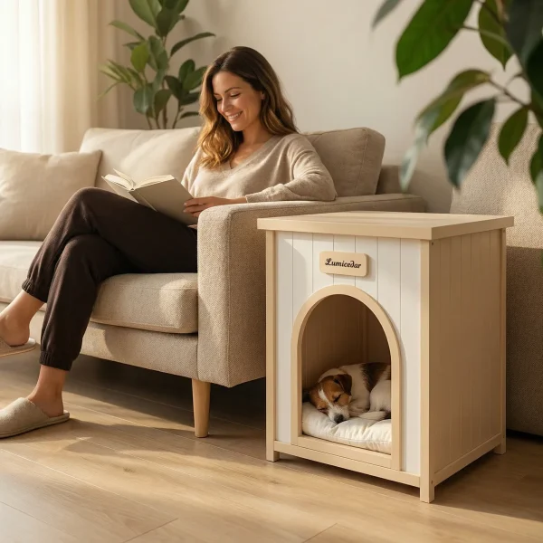 cedar pet house beside a sofa with a woman reading and a dog resting