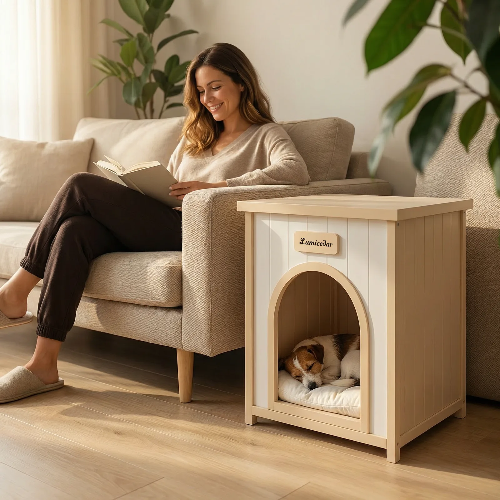 cedar pet house beside a sofa with a woman reading and a dog resting