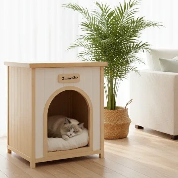 cat resting inside the cedar pet house