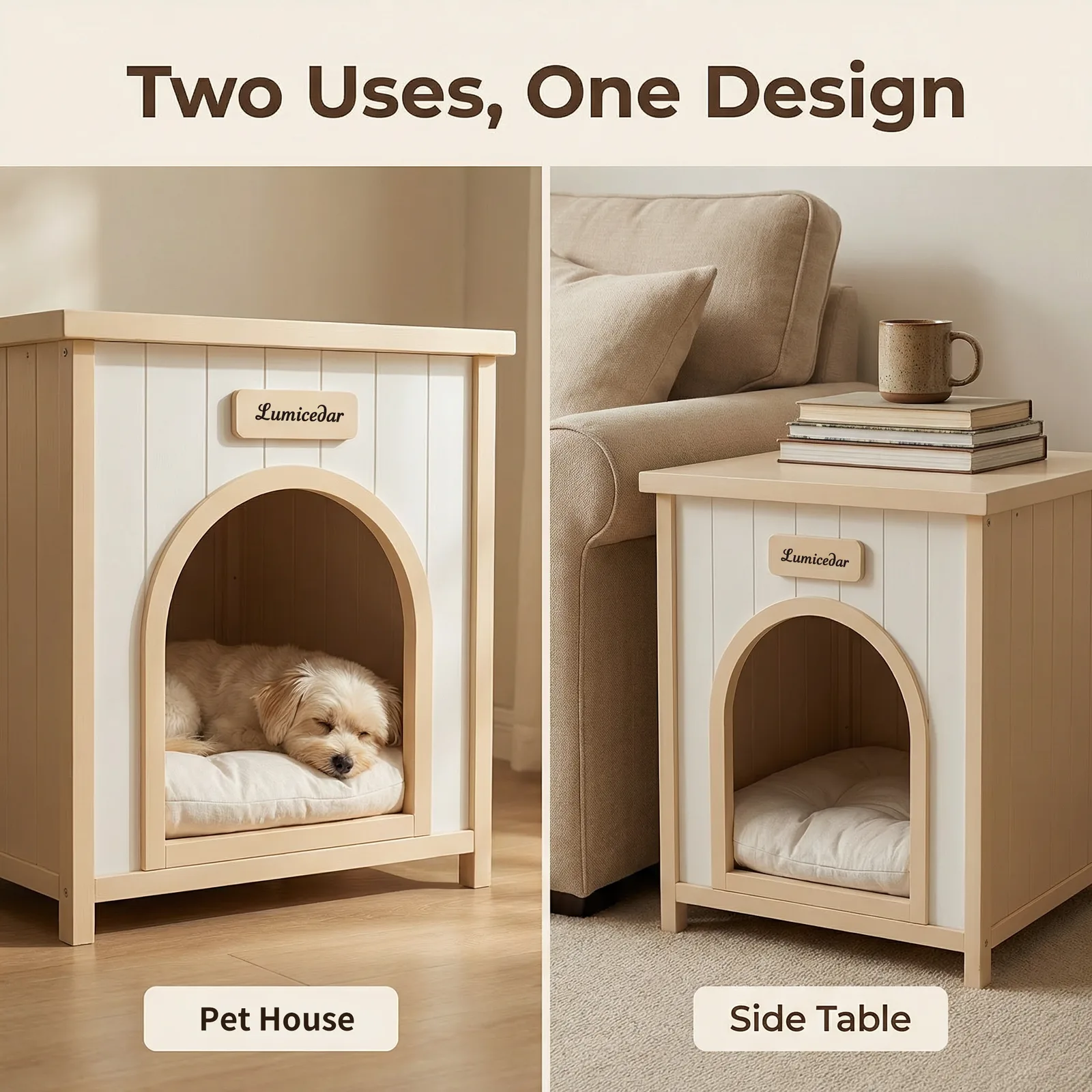 used two ways: enclosed pet bed and side table