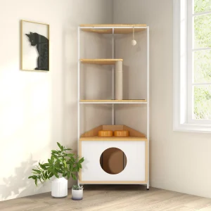 Corner cat tree tower in light oak and white placed in room corner near window