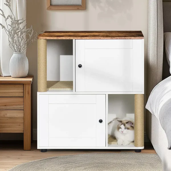 White vintage enclosure with a pet resting in the lower compartment